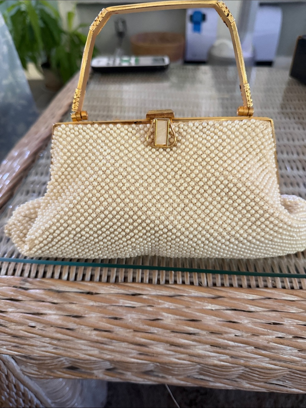 Vintage Pearl-Beaded Cream Evening Clutch with Gold Handle